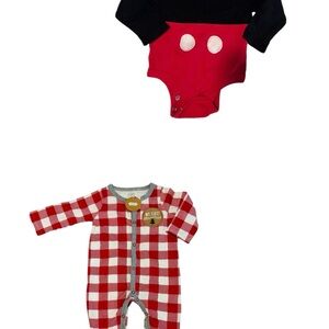 Mud Pie Red and White Checkered Footie and Mickie mouse onesie. Both 6/9 mo new